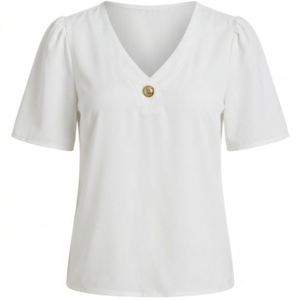 BLUSA LISA CON CUELLO EN V Y DETALLE DE BOTÓN DORADO ROSEMIEL