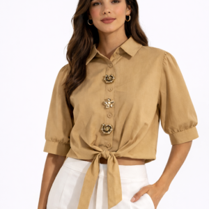 BLUSA DE MANGAS TRES CUARTOS Y AMARRE CRETA
