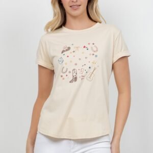 BLUSA BEIGE CON ESTAMPADO VAQUERO TABA