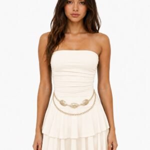 VESTIDO CORTO ESTRAPLE CON FAJA METALICA Y SHORT INTERNO IJOAH