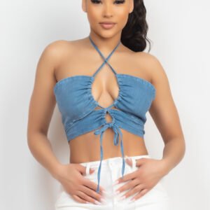 BLUSA VAQUERA CON CUELLO HALTER CON AMARRE DE CORDONES Y APERTURA DENIM BLVD