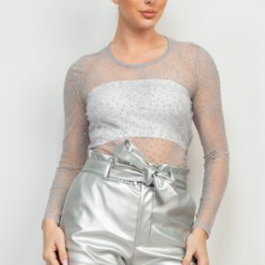BLUSA MANGA LARGA TRANSPARENTE CON DETALLE DE ENCAJE Y PIEDRERIA HAUTE MONDE