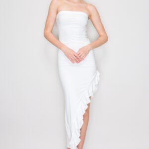 VESTIDO BLANCO CON VUELOS Y CORTE ASIMETRICO IRIS