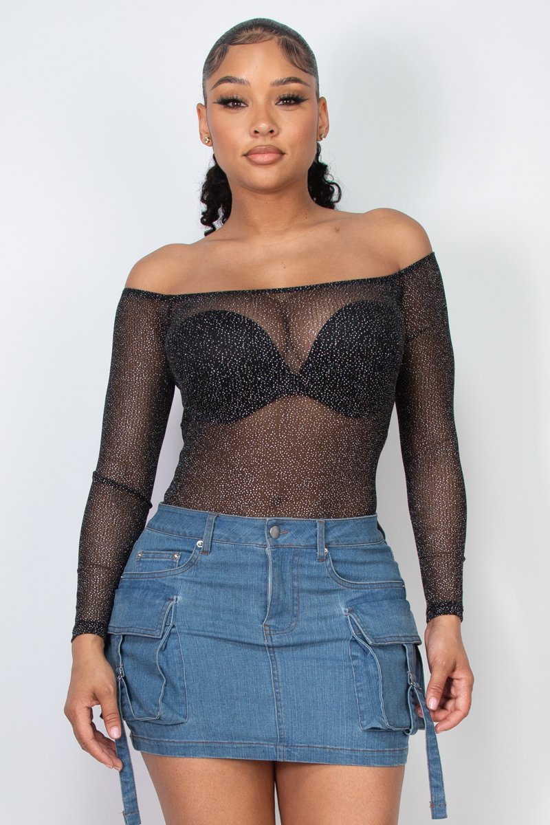 BODYSUIT TRANSPARENTE CON HOMBROS DESCUBIERTOS Y PIEDRERIA IRIS