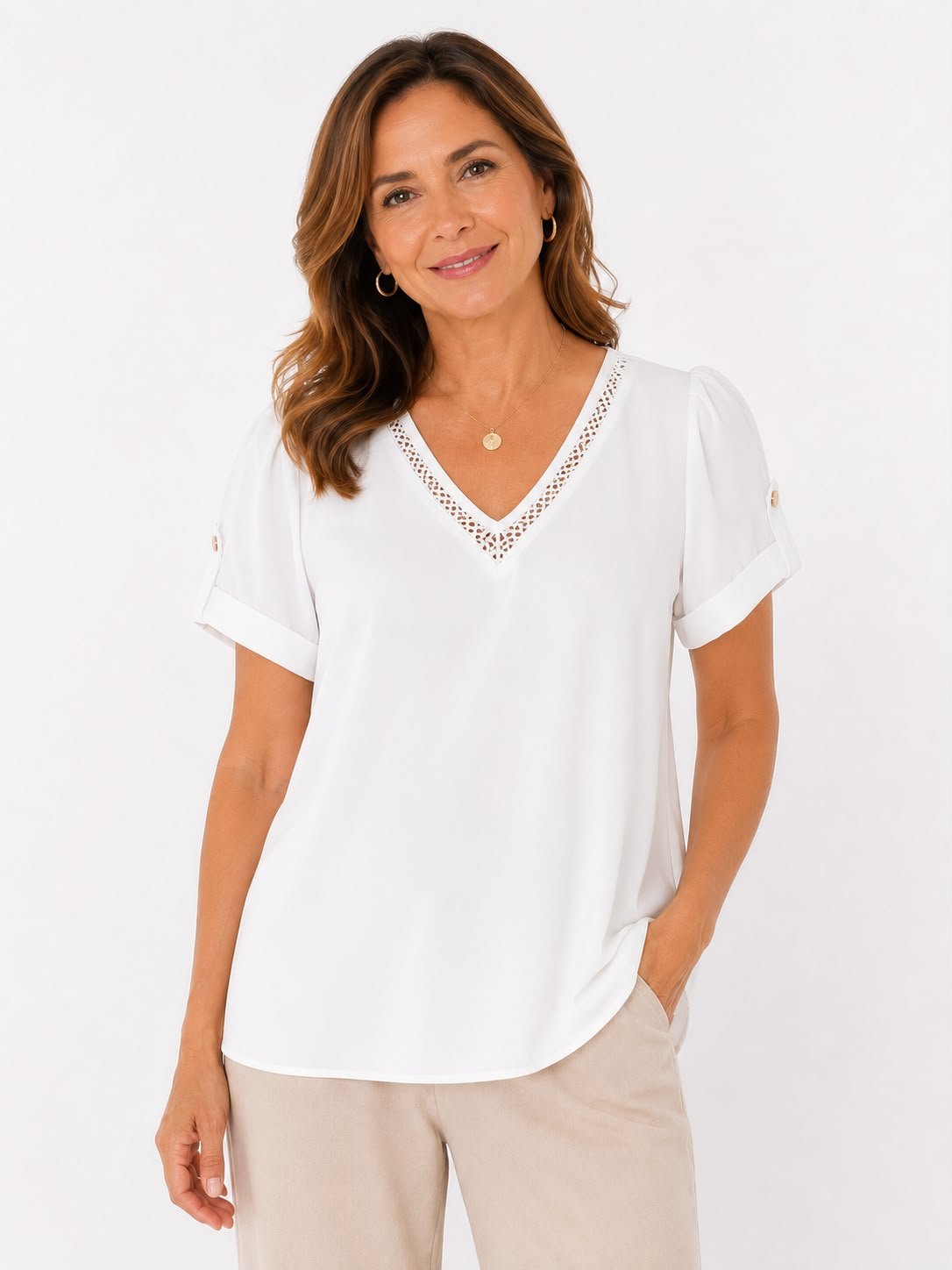 BLUSA FLOJA CON CUELLO EN V DE ENCAJE ROSEMIEL