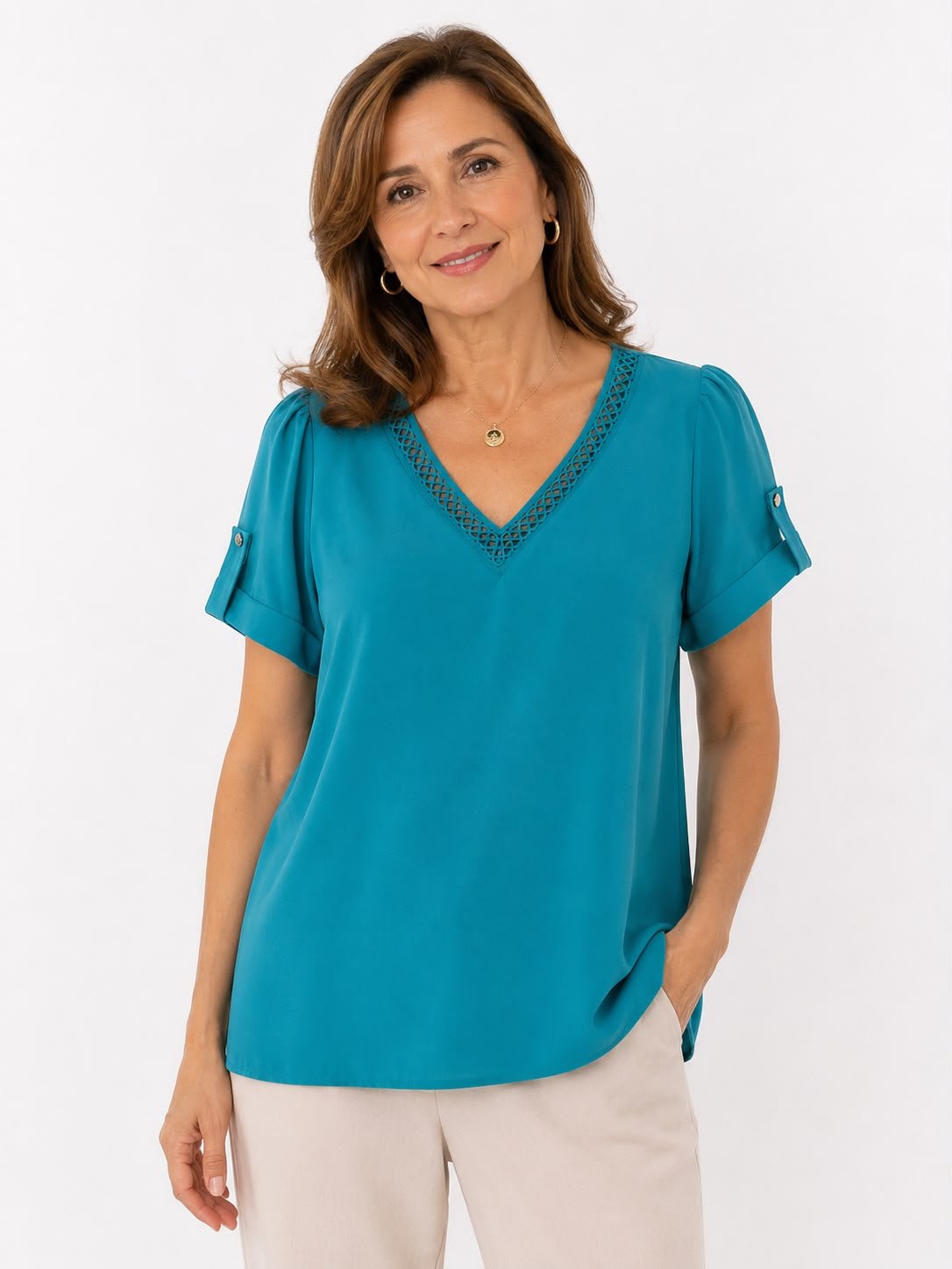BLUSA FLOJA CON CUELLO EN V DE ENCAJE ROSEMIEL - Imagen 3
