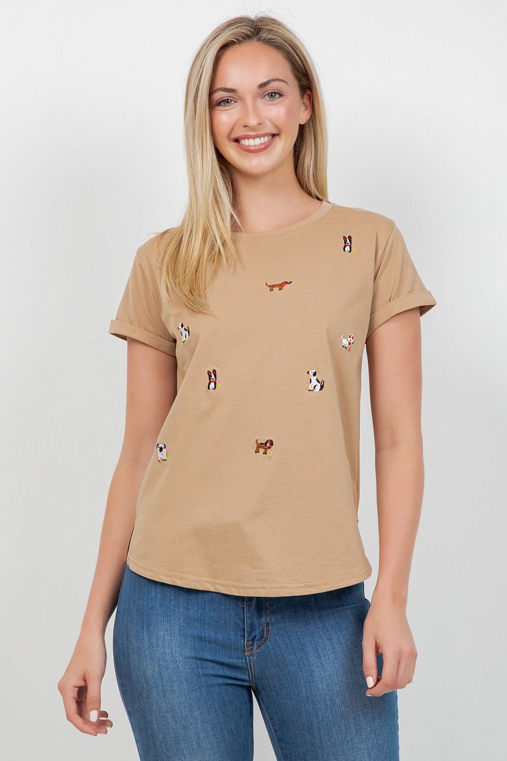 BLUSA CAFE CON ESTAMPADO DE PERRITOS TABA
